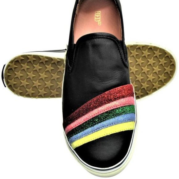 RED Valentino Black Rainbow With Sparkle Pattern Leather Slip-on Sneakers